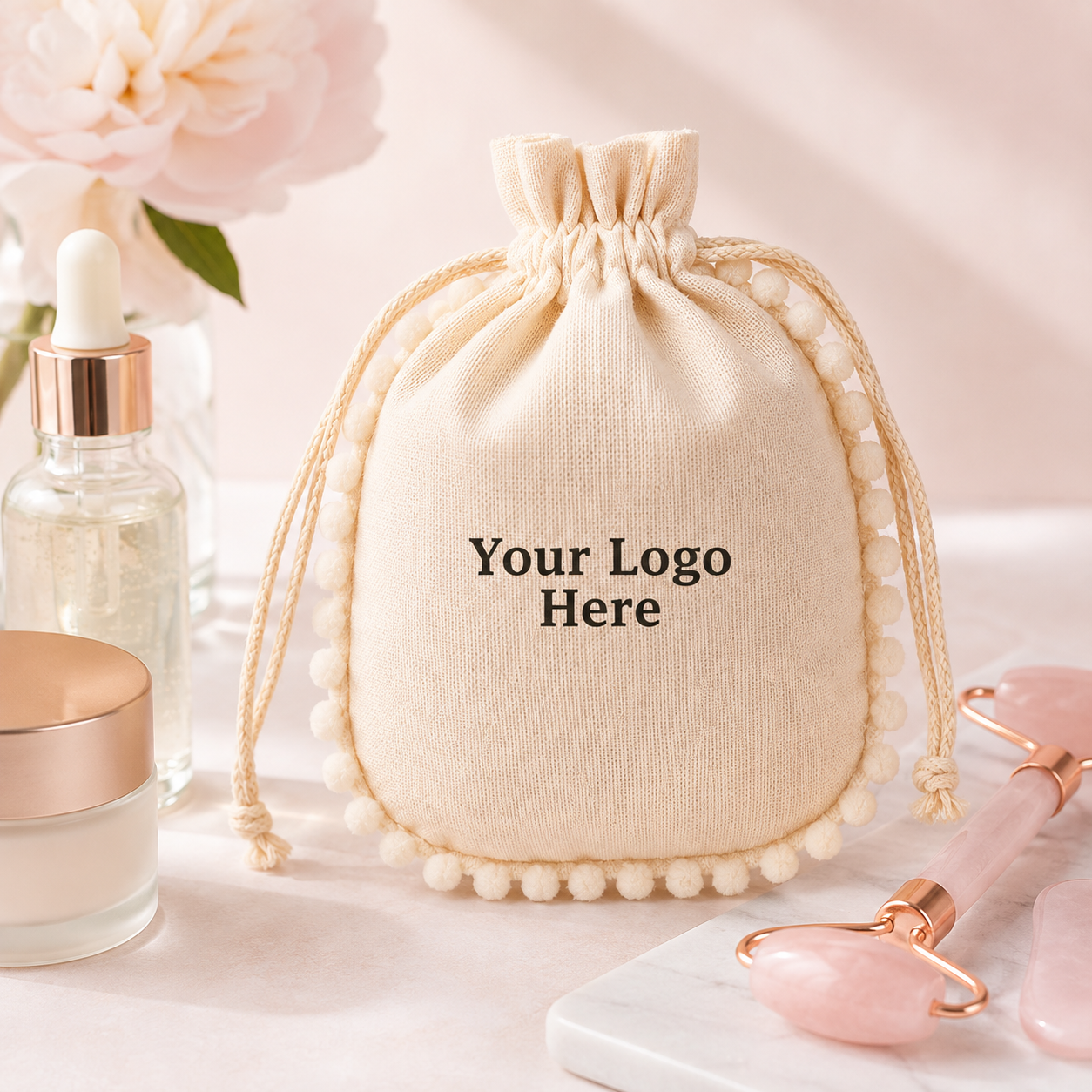 100pcs Custom Round Pompom Cosmetic Pouches | Cotton Packaging Bags for Beauty Brands