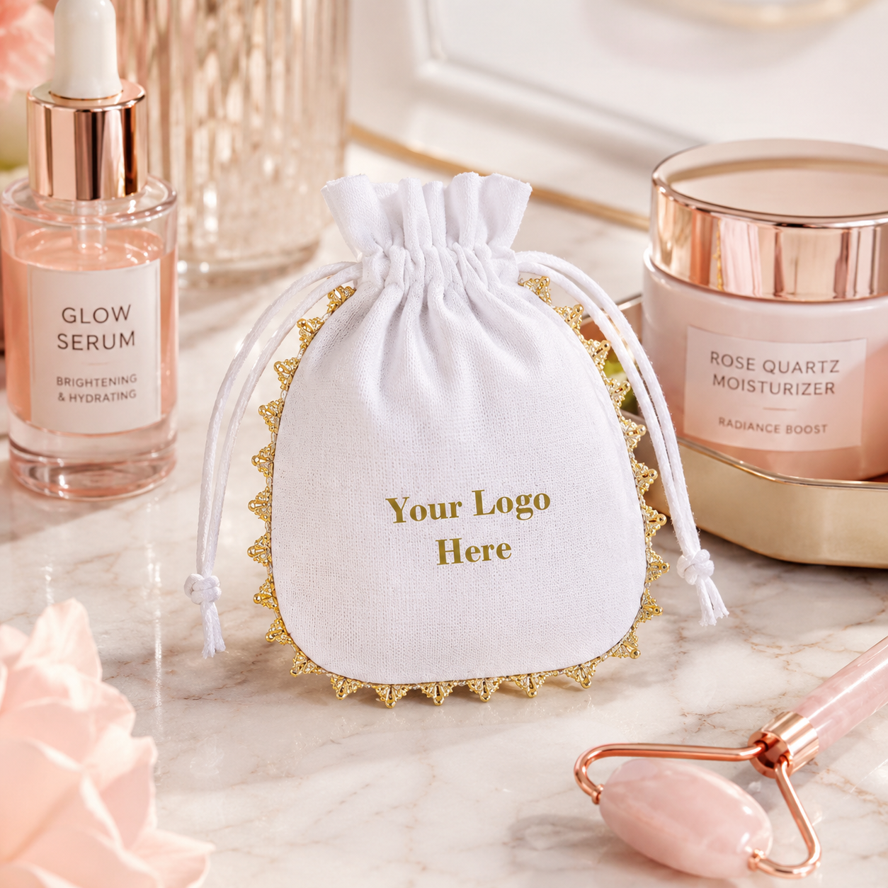 100pcs Cotton Cosmetic Pouches with Round Lace | Custom Logo Packaging Bags