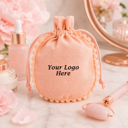100pcs Cotton Cosmetic Pouches with Round Pompom | Custom Logo Packaging Bags
