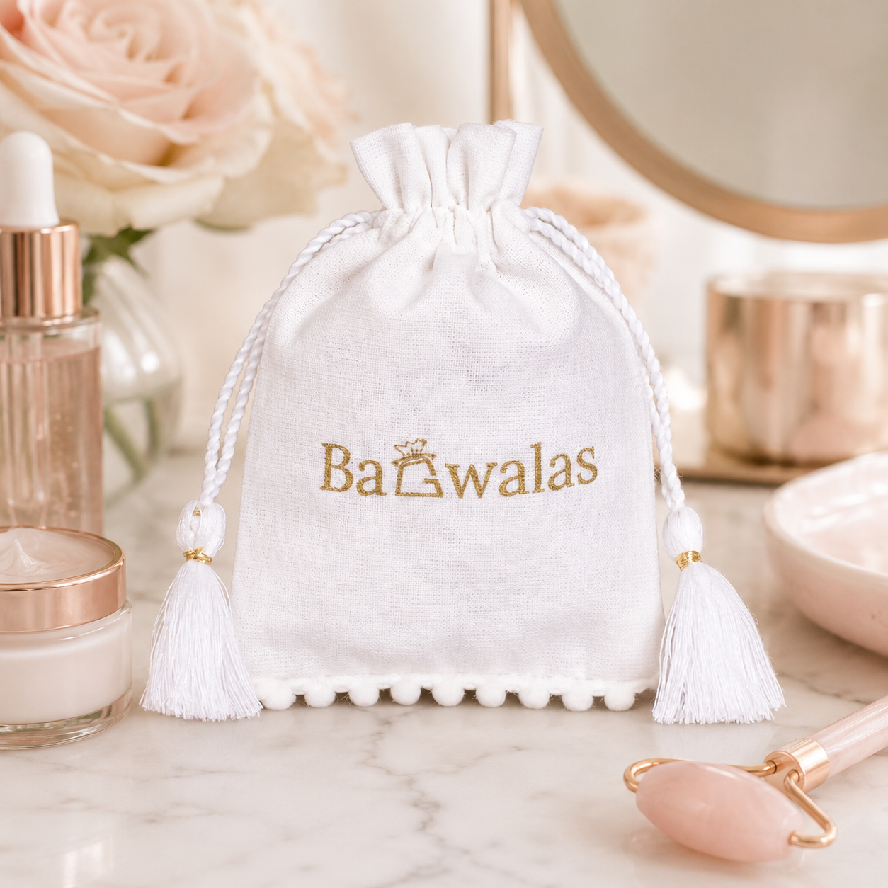 100pcs White Bottom Pompom with Tassel Cotton Cosmetic Pouches | Branded Packaging Bags for Beauty Products