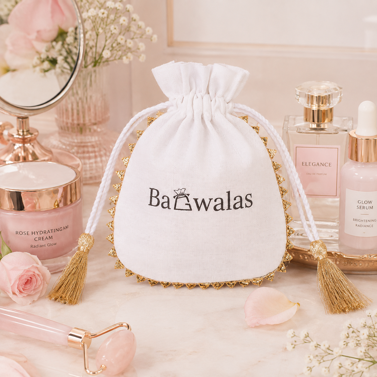 100pcs Custom Lace Cosmetic Bags | Cotton Drawstring Pouches for Beauty Brands