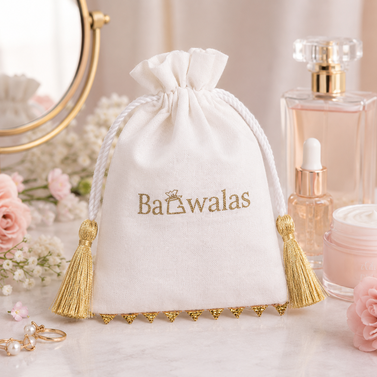 100pcs Bottom Lace Cotton Cosmetic Pouches | Branded Packaging Bags for Beauty Products