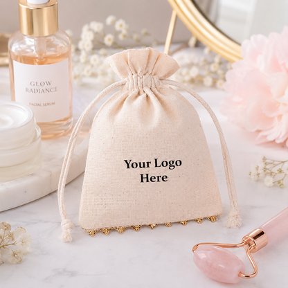 100pcs Custom Cosmetic Packaging Pouches with Lace | Cotton Drawstring Bags