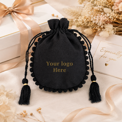 100pcs Custom Cotton Favor Pouches with Pompom | Branded Gift Packaging Bags