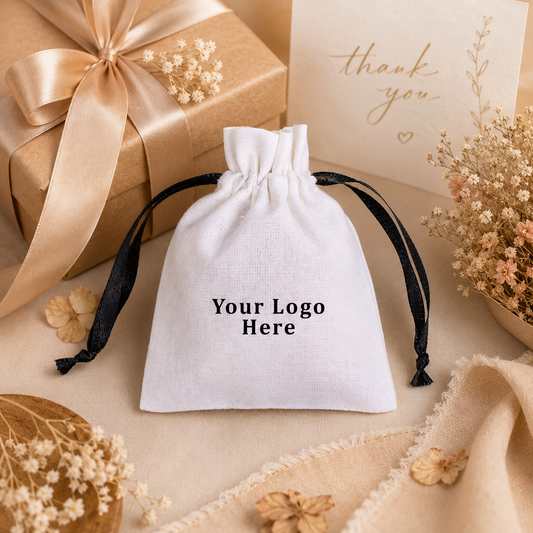 100pcs - White Custom Gift Pouches with Logo | Premium Cotton Drawstring Packaging Bags
