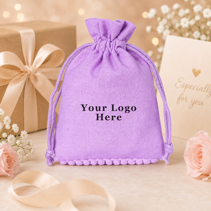 100pcs Custom Pompom Favor Bags | Reusable Cotton Pouches for Gifts & Celebrations
