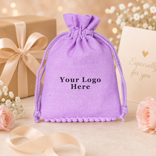 100pcs Custom Pompom Favor Bags | Reusable Cotton Pouches for Gifts & Celebrations