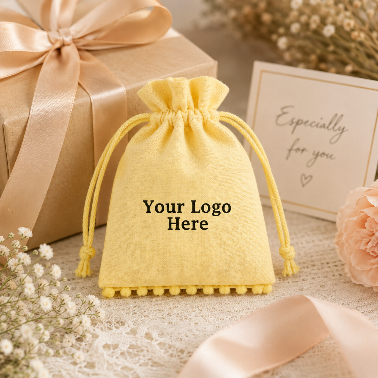 100pcs Yellow Premium Cotton Gift Bags with Pompom | Custom Packaging for Boutique Brands