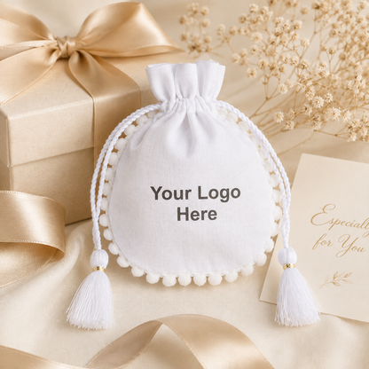 100pcs Personalized Pompom Gift Pouches | Cotton Packaging Bags for Special Occasions