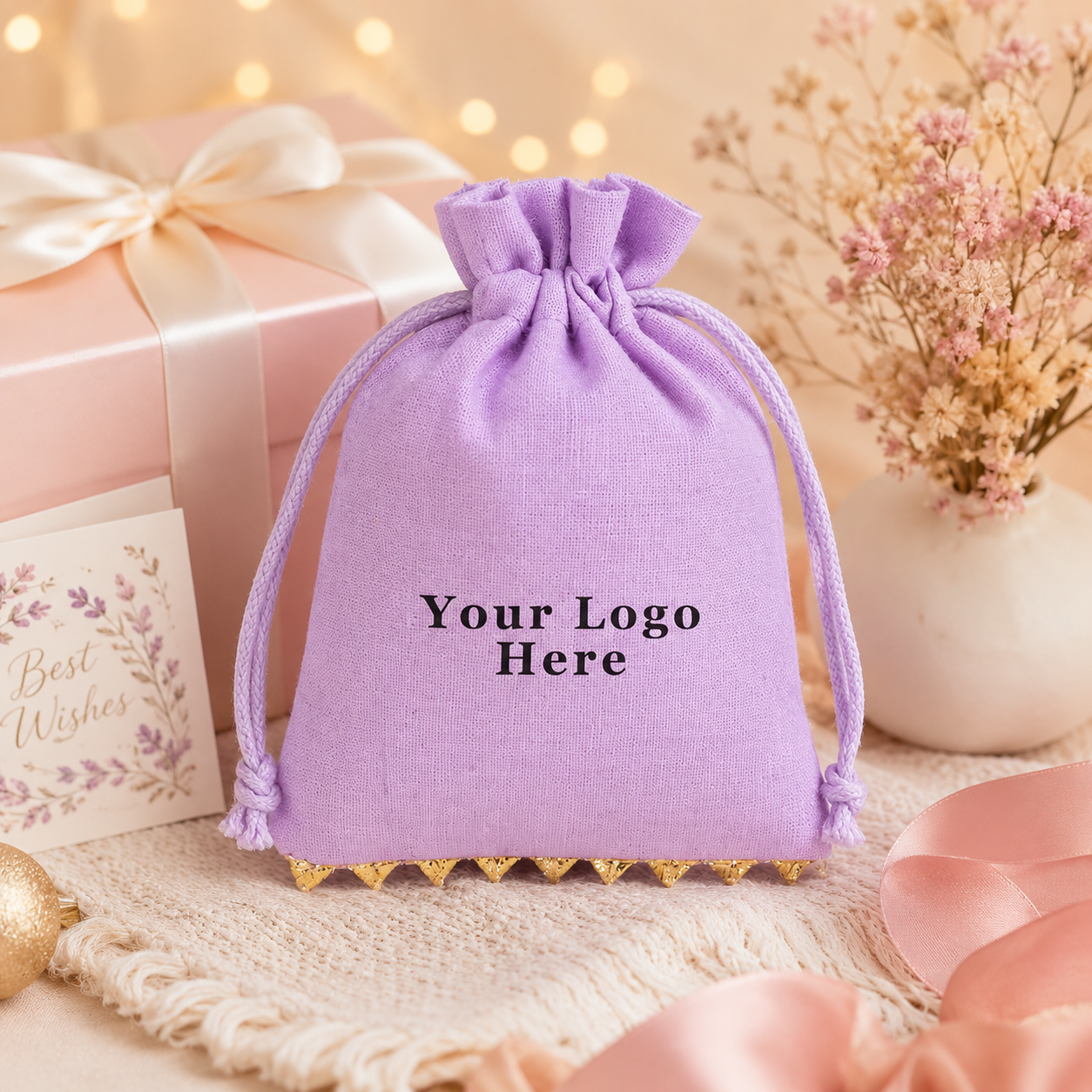 100pcs Personalized Gift Pouches with Lace | Custom Cotton Bags for Retail Packaging