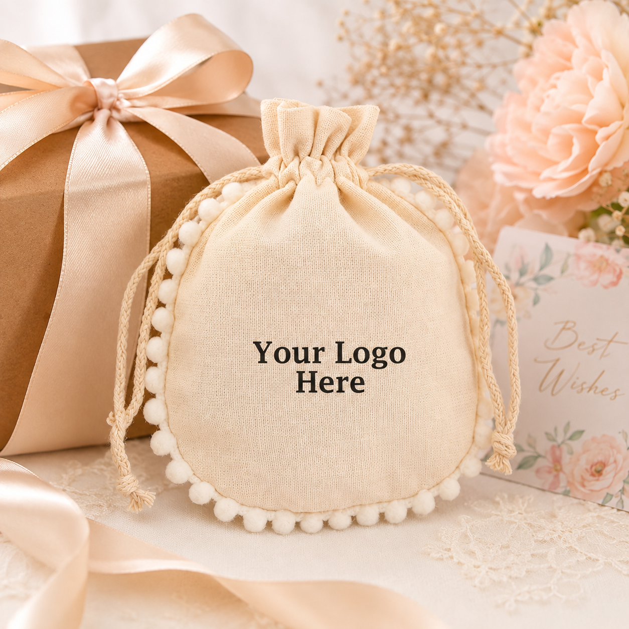 100pcs Custom Round Pompom Gift Pouches | Cotton Bags for Branded Gift Packaging