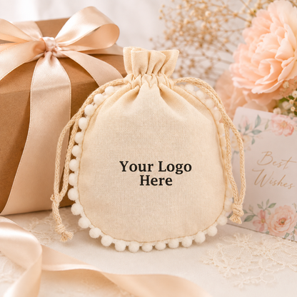 100pcs Custom Round Pompom Gift Pouches | Cotton Bags for Branded Gift Packaging