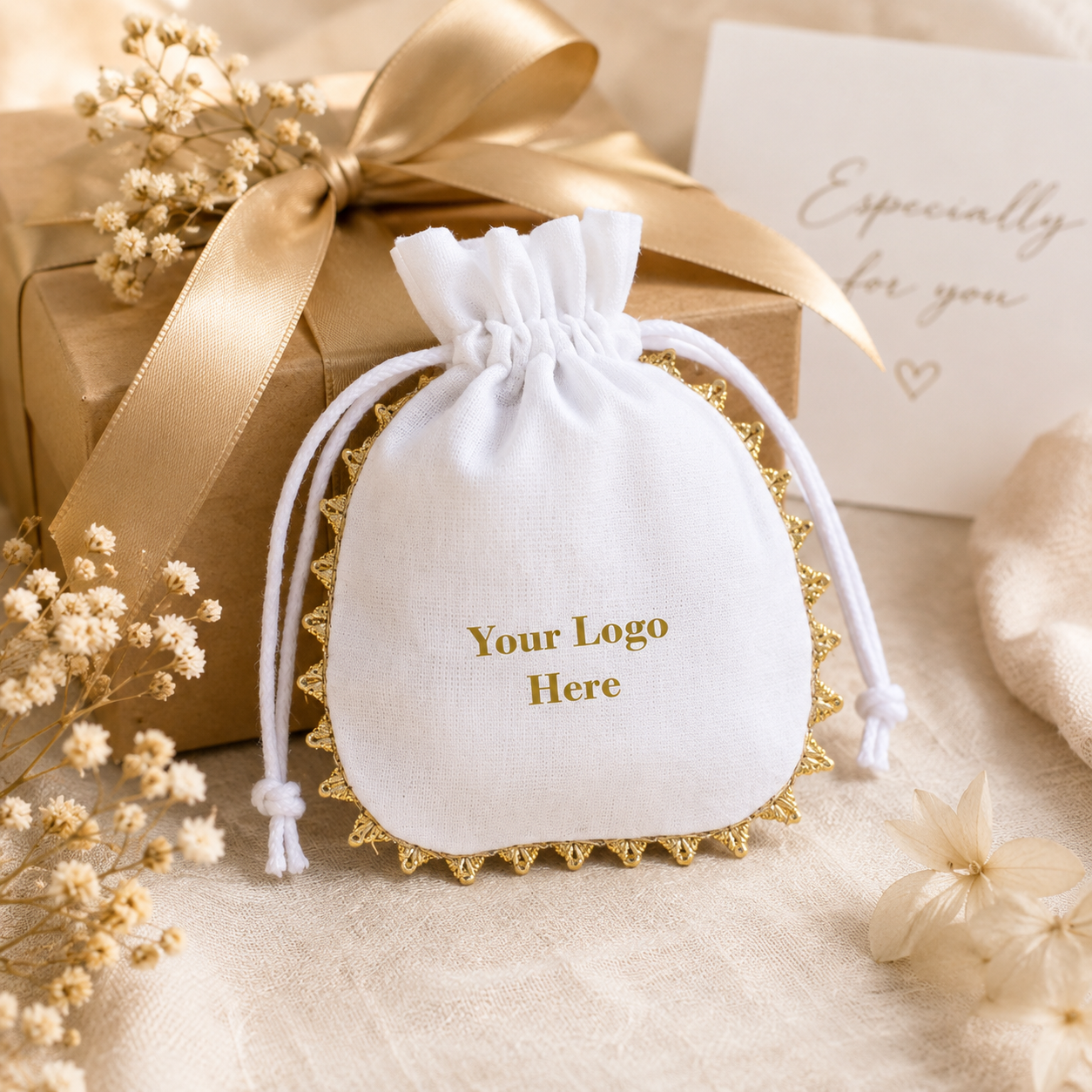 100pcs Personalized Cotton Gift Bags with Lace and Closure | Branded Packaging Pouches