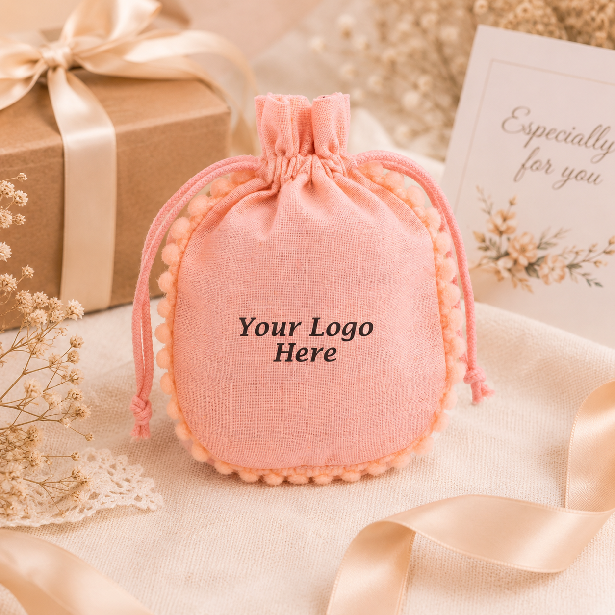 100pcs Personalized Cotton Gift Bags with Pompom | Decorative Packaging Pouches