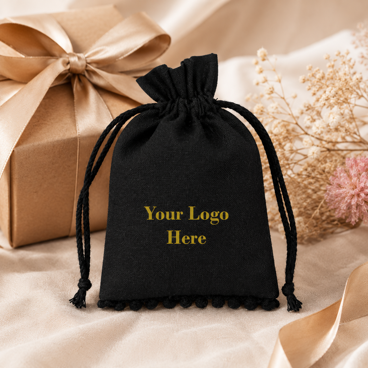 100pcs - Gift Pouches with Pompom | Custom Cotton Bags for Elegant Presentation