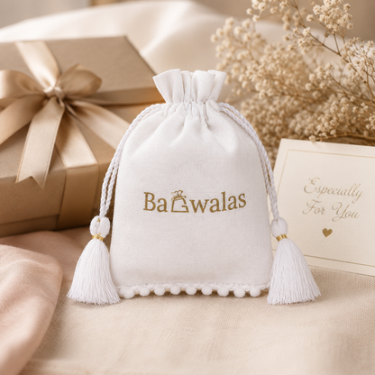 100pcs White Cotton Gift Pouches with Pompom Detail | Personalized Bags for Product Packaging