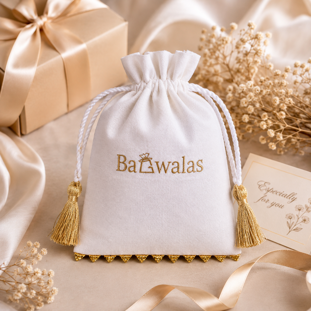 100pcs Branded Cotton Gift Pouches | Elegant Bottom Lace with Tassel Packaging Bags