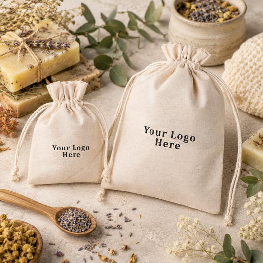 100pcs Natural Custom Cotton Soap Pouches | Branded Drawstring Bags for Handmade Soaps