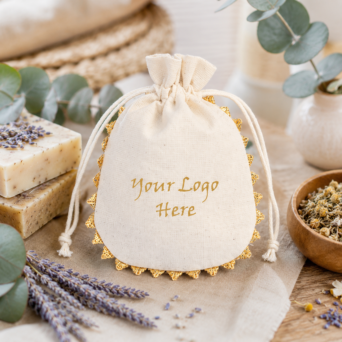 100pcs Custom Round Lace Herbal Pouches | Cotton Packaging for Natural Product Brands
