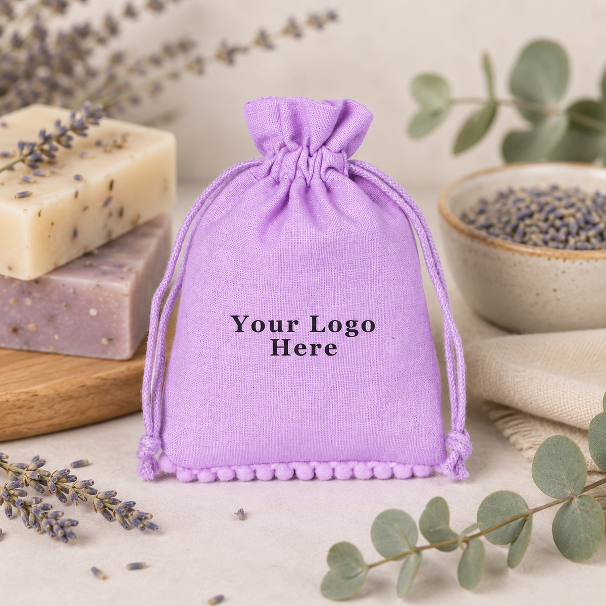 100pcs Natural Soap Packaging Bags | Personalized Cotton Pouches with Pompom Detail