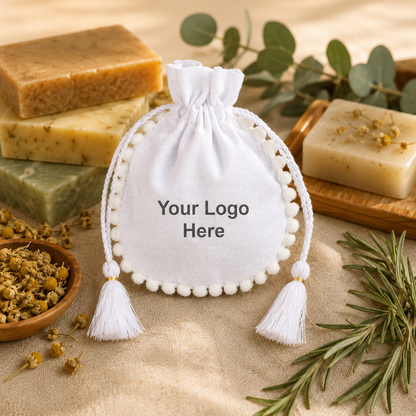 100pcs Custom Herbal Product Bags | Decorative Cotton Pouches with Pompom and Tassel Closure
