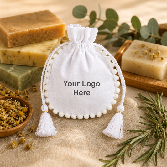 100pcs Custom Herbal Product Bags | Decorative Cotton Pouches with Pompom and Tassel Closure