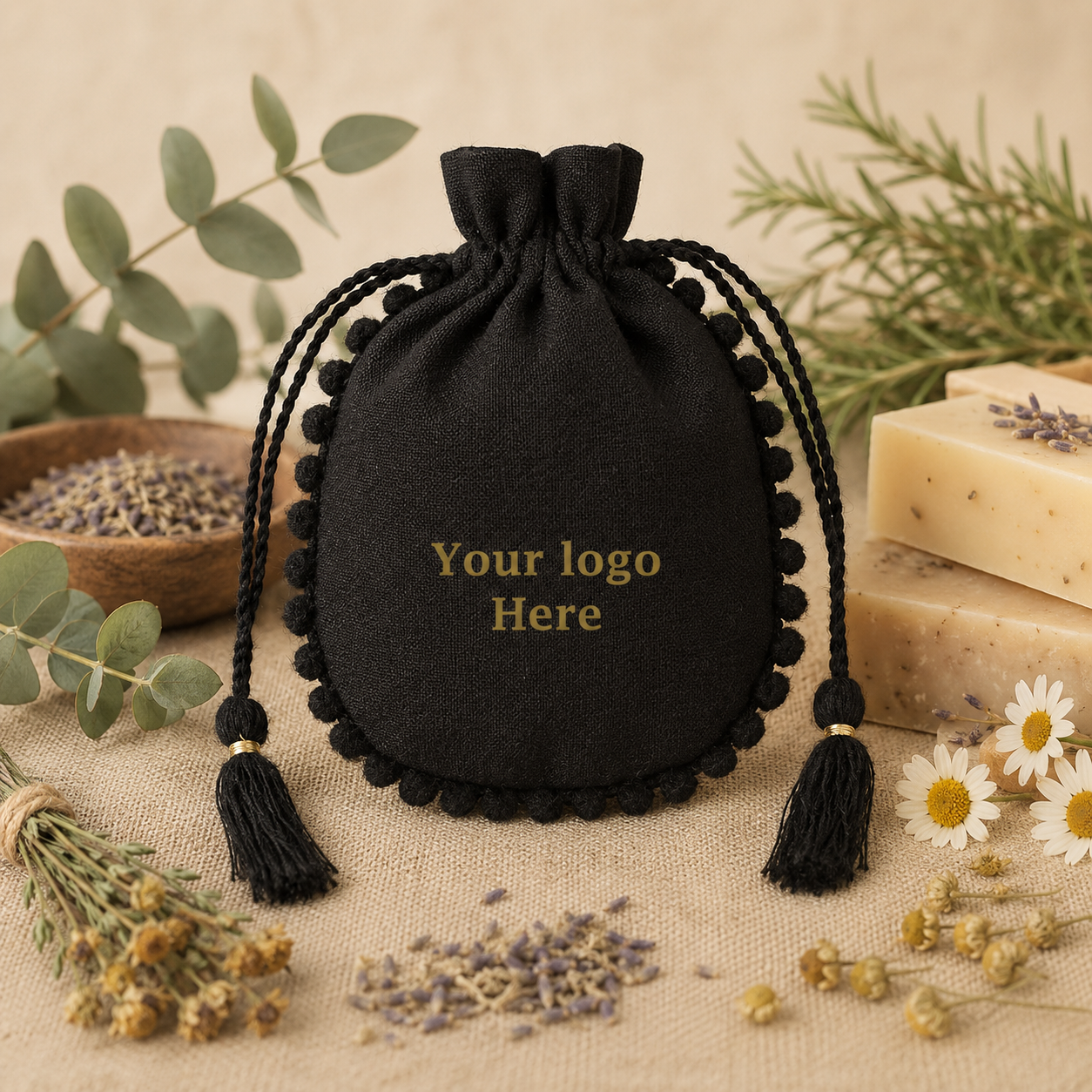 100pcs Herbal Soap Bags with Logo | Custom Cotton Pouches for Product Packaging