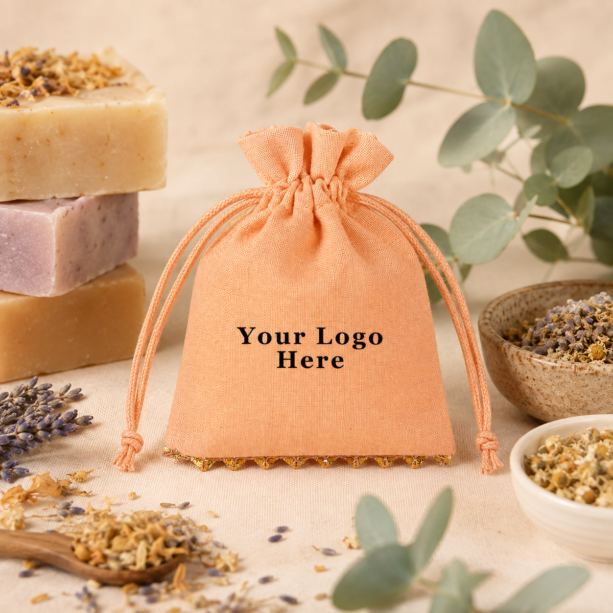 100pcs Custom Herbal Packaging Bags | Cotton Pouches with Decorative Lace with Closure