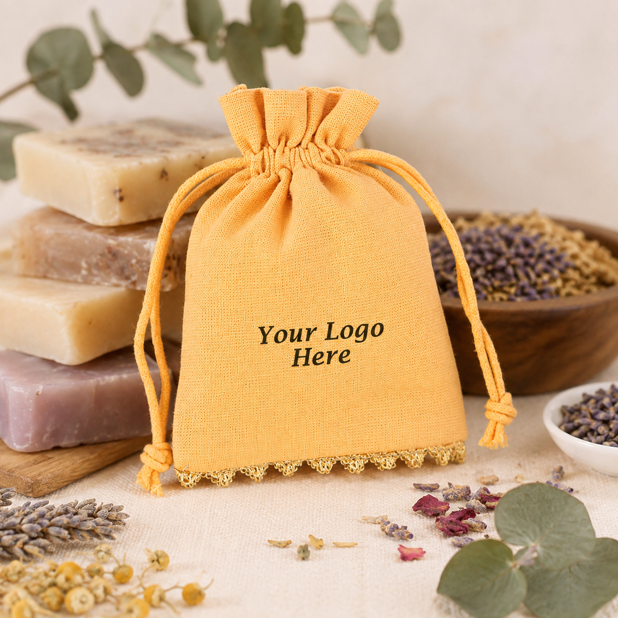 100pcs Organic Herb Packaging Pouches | Custom Cotton Bags with Bottom Lace