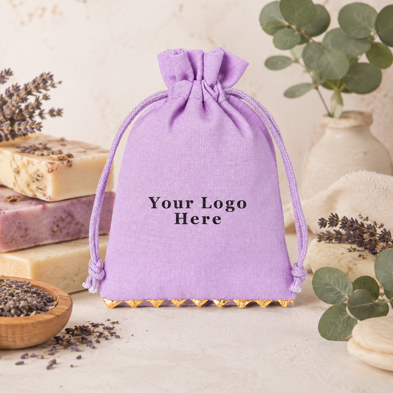 100pcs Herbal Soap Bags | Bottom Lace Cotton Packaging Pouches with Custom Logo