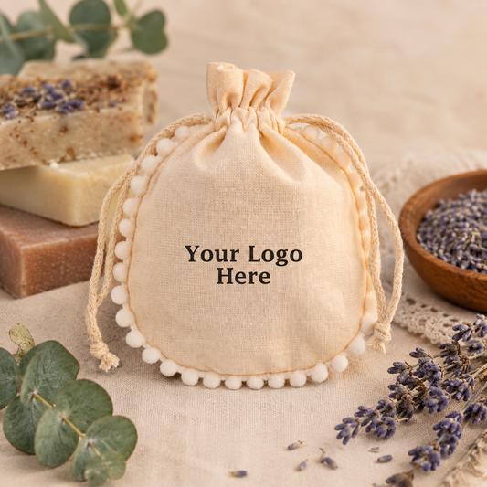 100pcs Custom Round Pompom Soap Bags | Cotton Packaging for Handmade Soap Brands
