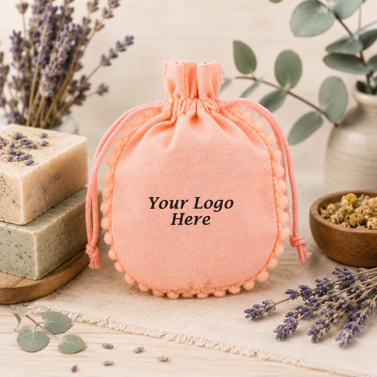 100pcs Herbal Product Pouches with Pompom | Custom Cotton Packaging for Natural Brands