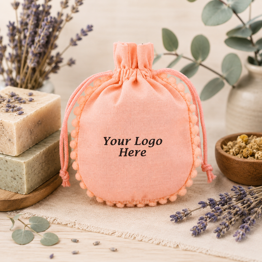 100pcs Herbal Product Pouches with Pompom | Custom Cotton Packaging for Natural Brands