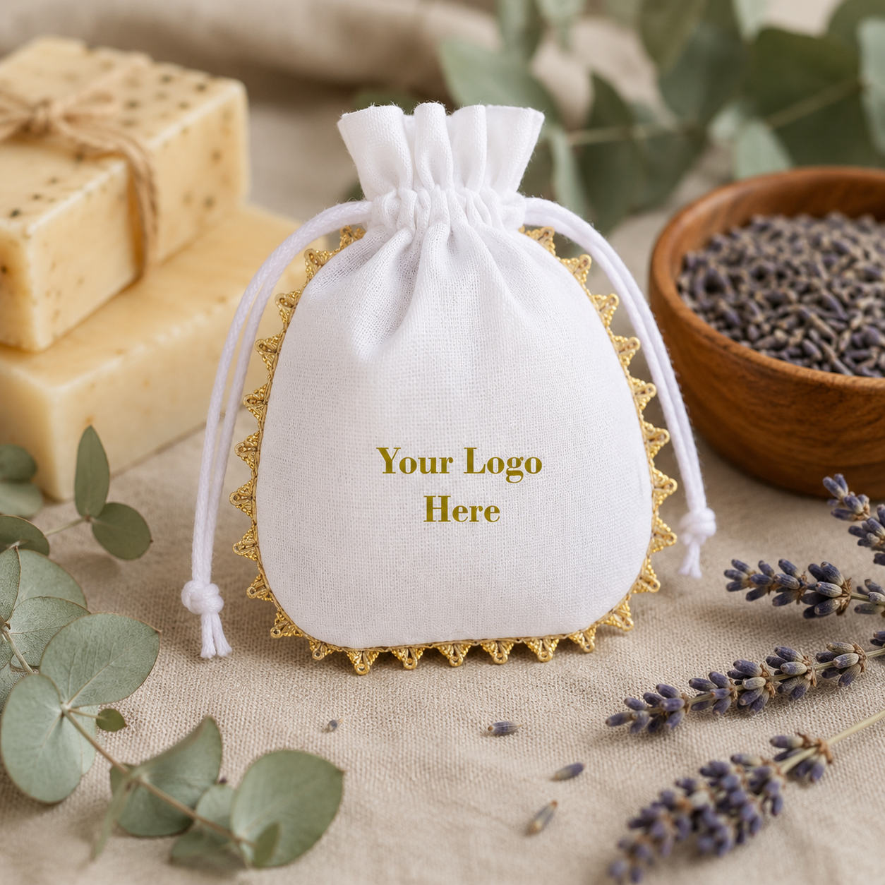 100pcs Herbal Skincare Pouches | Custom Cotton Packaging with Lace and Closure