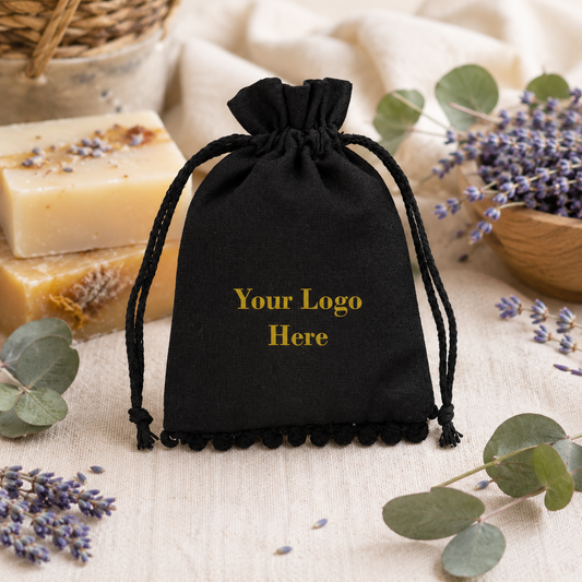 100pcs - Handmade Soap Cotton Bags | Bottom Pompom Packaging Pouches with Logo