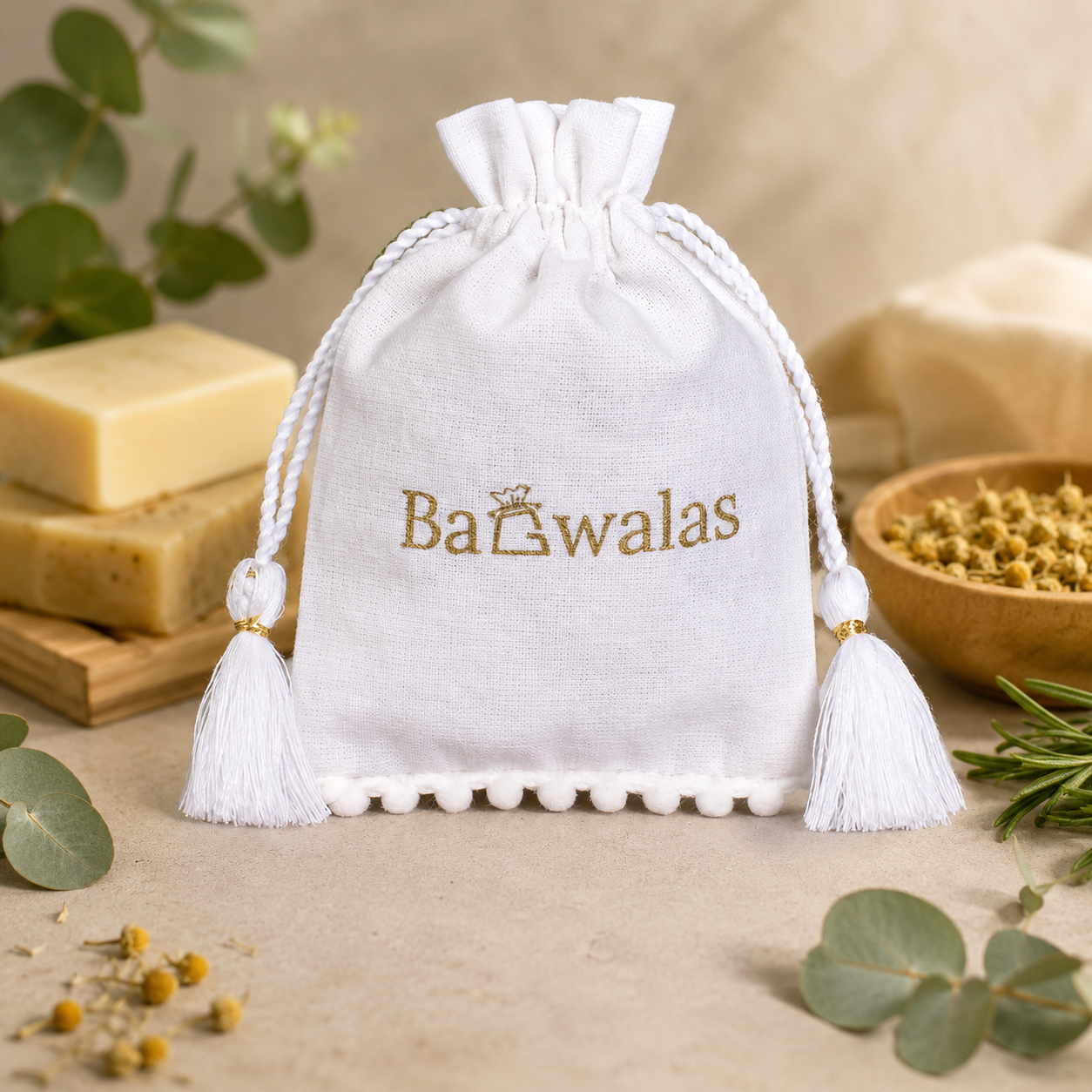 100pcs White Custom Herbal Soap Packaging Pouches | Cotton Bags with Bottom Pompom with Tassel With Closure