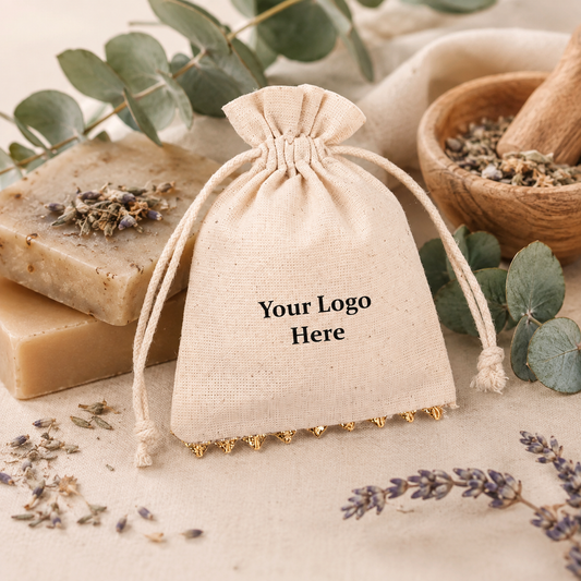100pcs - Natural Soap Pouches with Bottom Lace | Branded Cotton Packaging Bags