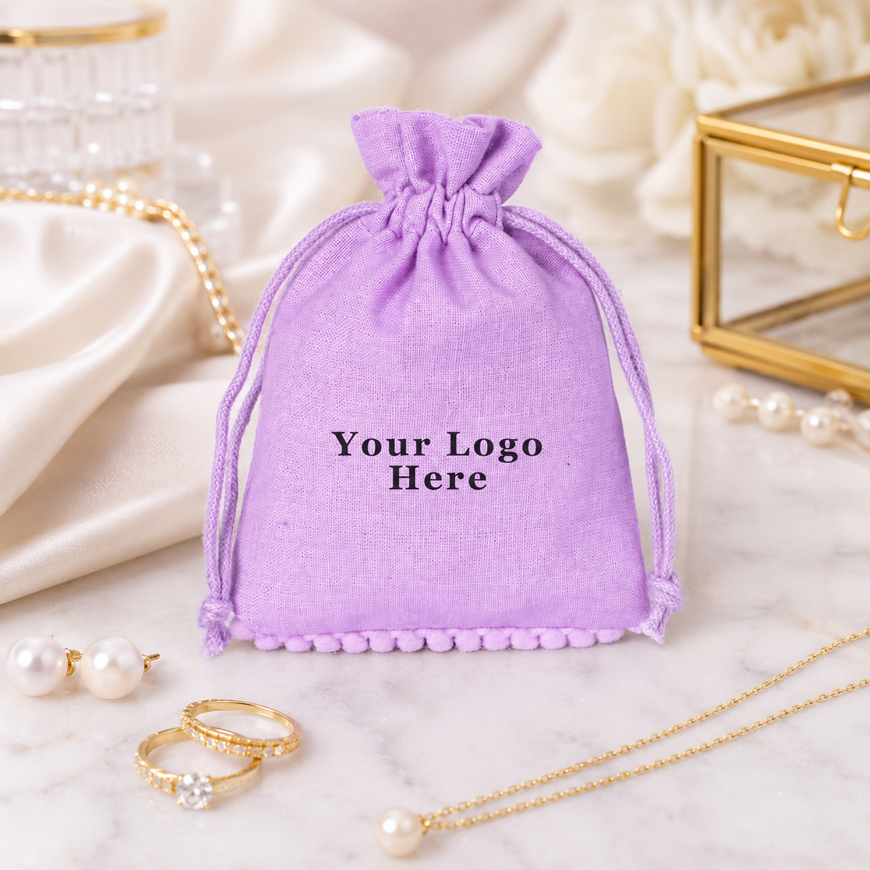 100pcs Bottom Pompom Cotton Jewelry Pouches | Branded Bags for Jewelry Brands