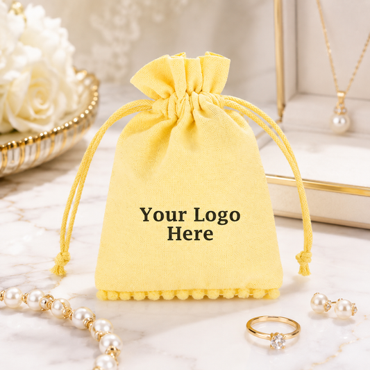 100pcs Yellow Custom Jewelry Packaging Pouches with Bottom Pompom | Cotton Drawstring Bags