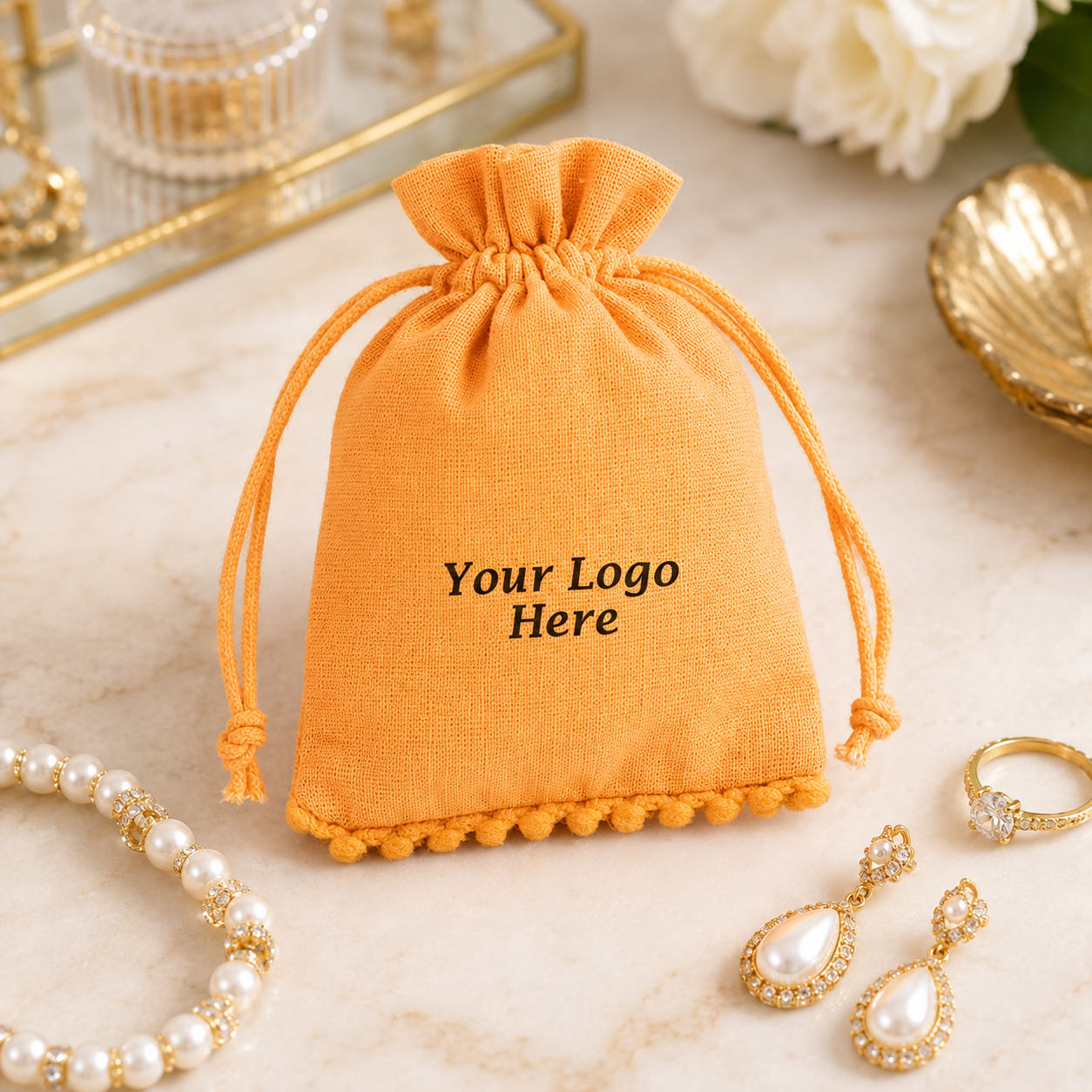 100pcs Premium Cotton Jewelry Pouches | Bottom Pompom Drawstring Bags for Jewelry Brands
