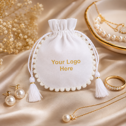 100pcs Branded Round Pompom with Tassel Jewelry Bags | Custom Cotton Packaging Pouches