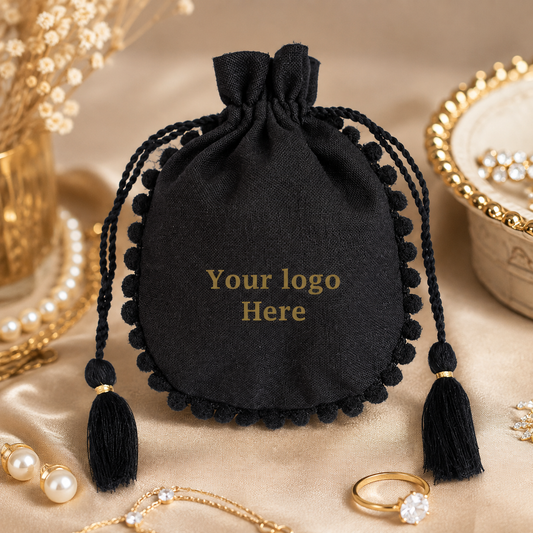 100pcs Custom Logo Cotton Jewelry Pouches | Round Pompom Drawstring with Tassel Packaging Bags