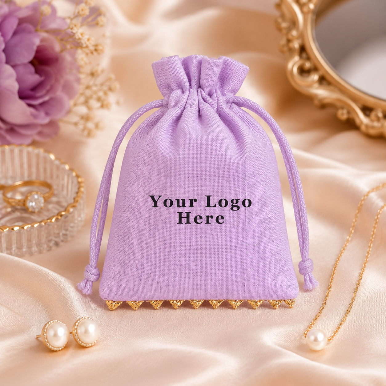 100pcs Custom Logo Cotton Jewelry Pouches | Bottom Lace Drawstring Packaging Bags