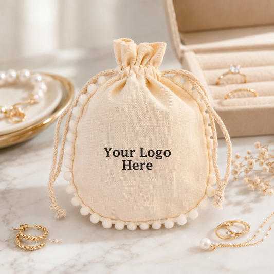 100pcs Custom Round Pompom Jewelry Pouches | Cotton Drawstring Bags for Jewelry Brands