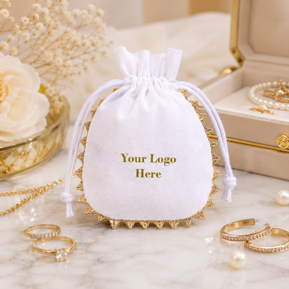 100pcs Cotton Jewelry Pouches with Round Lace | Custom Logo Packaging Bags