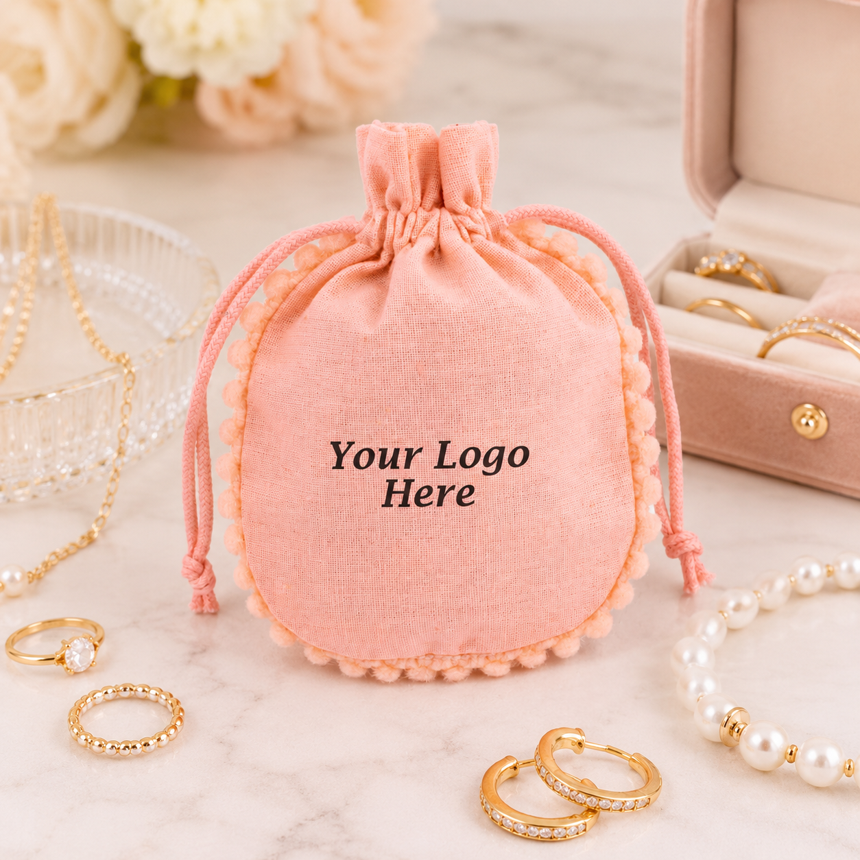 100pcs Cotton Jewelry Pouches with Round Pompom | Custom Logo Packaging Bags