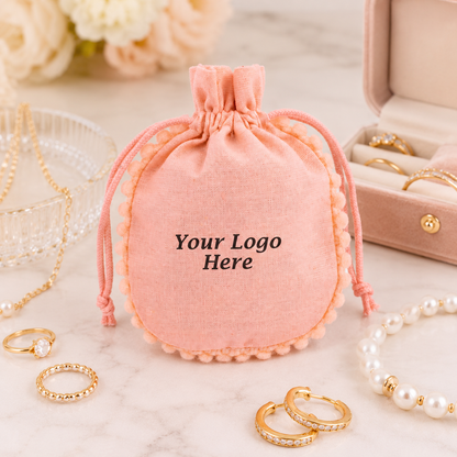 100pcs Cotton Jewelry Pouches with Round Pompom | Custom Logo Packaging Bags