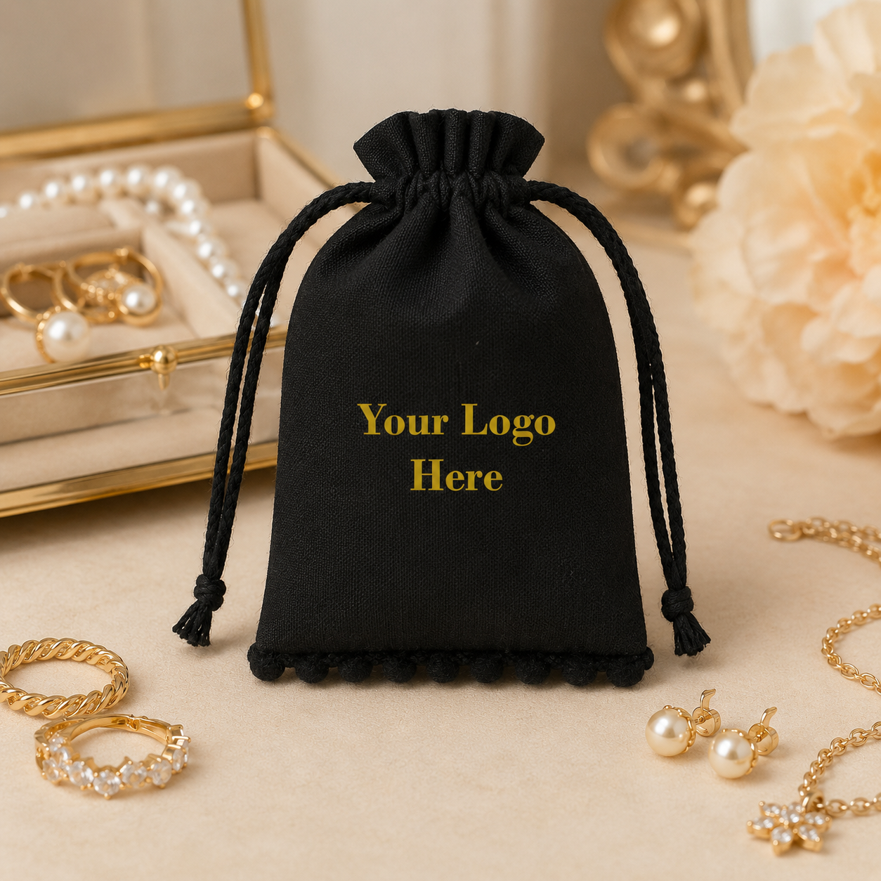 100pcs - Custom Bottom Pompom Jewelry Bags | Cotton Drawstring Pouches for Jewelry Packaging