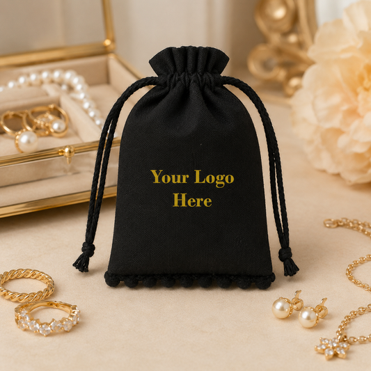100pcs - Custom Bottom Pompom Jewelry Bags | Cotton Drawstring Pouches for Jewelry Packaging