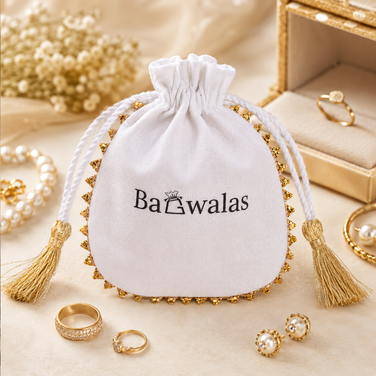 100pcs Custom Lace Jewelry Bags | Round Drawstring Cotton Pouches with Tassel for Jewelry Packaging